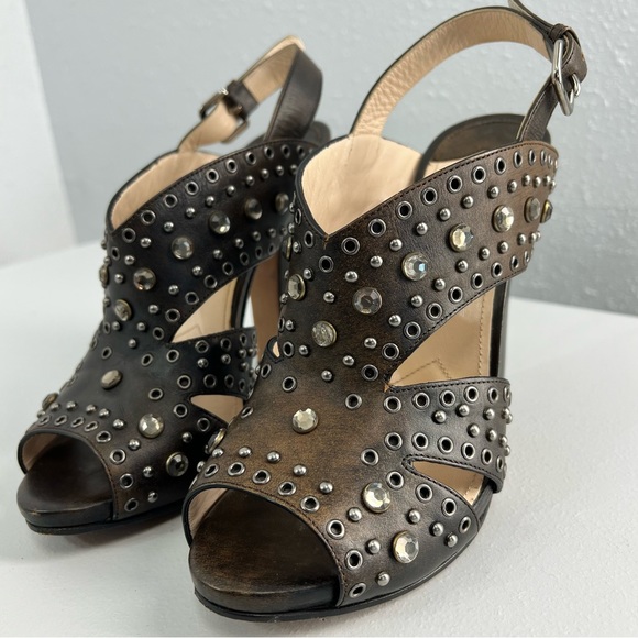 Prada Leather Studded Strappy Chocolate Block Heel Sandal Size 38.5 (US 8) - Picture 4 of 12
